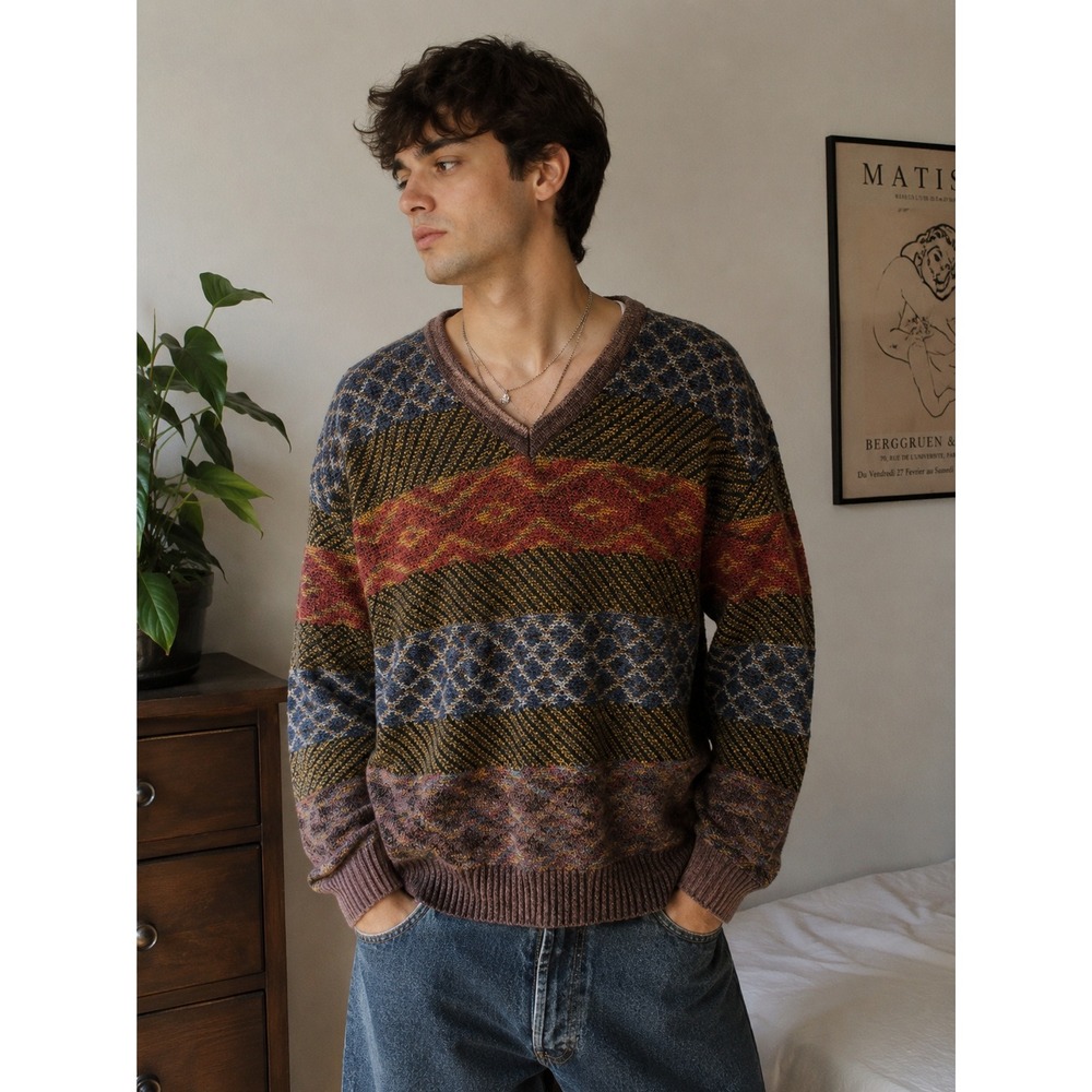 MISSONI V-Neck Geometric Knit Sweater Mens 48 L Multi Color Vintage Italy
